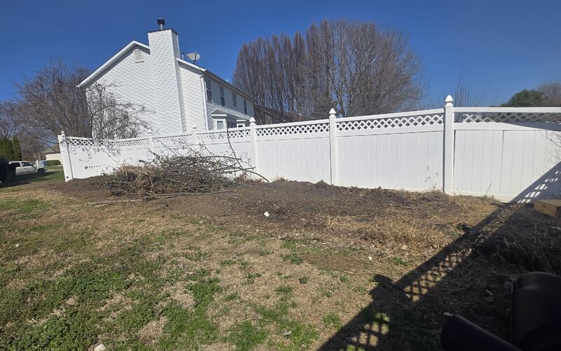 Overgrown brush in the corner of a fenced backyard before mulching