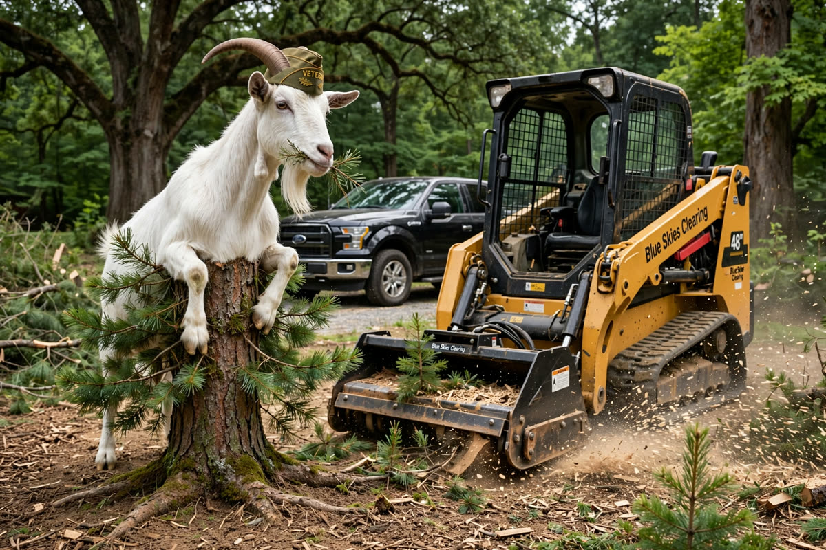 Blue Skies Clearing goat mascot in a veteran cap beside the 48-inch forestry mulcher