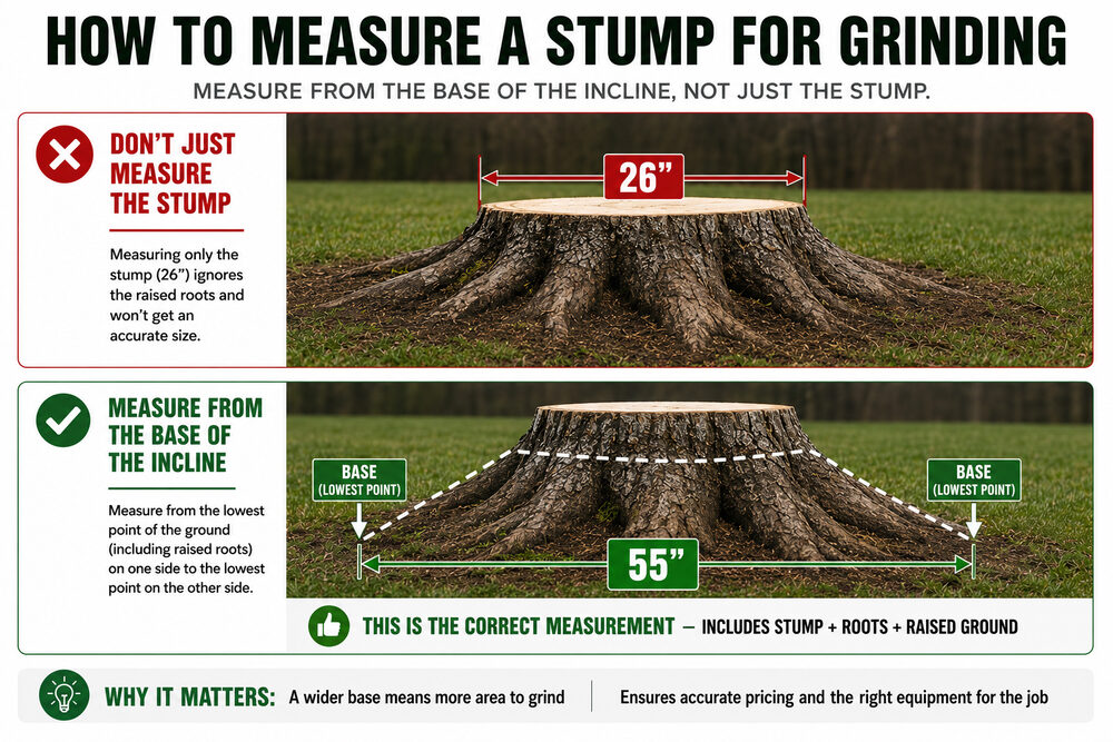 Diagram showing how to measure a stump for removal pricing, edge to edge including the mounding and root ball